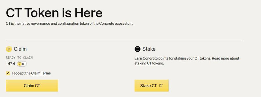 A webpage screenshot titled 'CT Token is Here' showing CT as the native governance token of the Concrete ecosystem, with options to Claim 147.4 CT or Stake CT tokens.