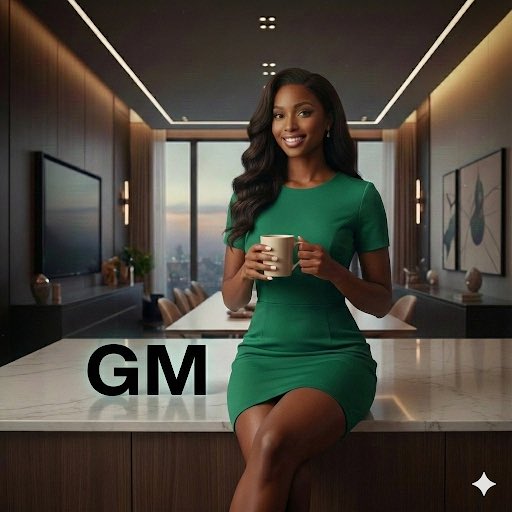 A polished, AI-generated image of a smiling woman in an elegant green dress holding a mug in a modern, luxurious apartment, with 'GM' written in large letters on the counter.