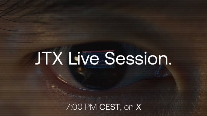 Promotional graphic for a 'JTX Live Session' scheduled at 7:00 PM CEST on X, displayed over a close-up image of a human eye with a glowing screen reflection.