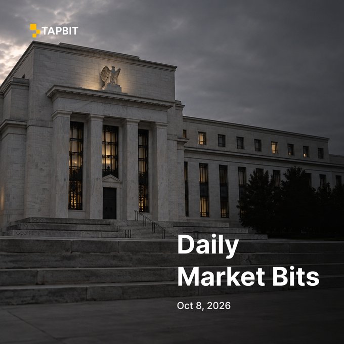 A 'TAPBIT Daily Market Bits' graphic dated Oct 8, 2026, displays the Federal Reserve building under a dark, cloudy sky.