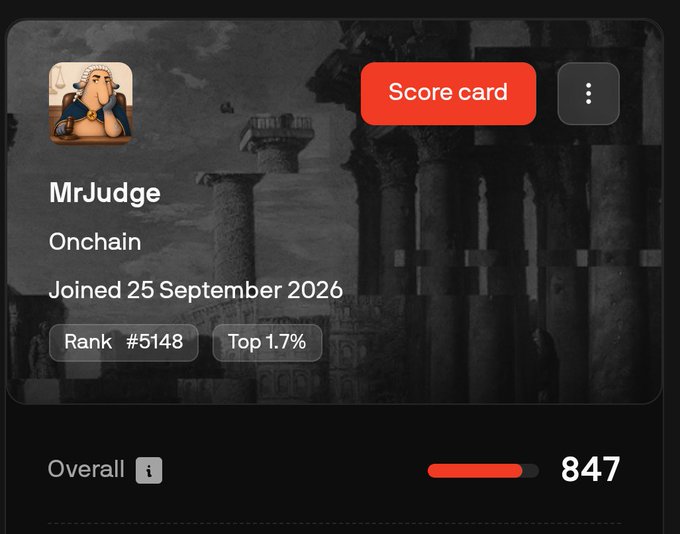 A user profile screen for 'MrJudge' (rank #5148, Top 1.7%) shows an Onchain score of 847 with a Ganesha avatar, set against a background of ancient Greek columns.