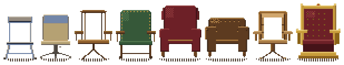 A pixel-art style illustration showing a row of seven different chairs and seats, including stools, office chairs, armchairs, and a throne, all casting small shadows.