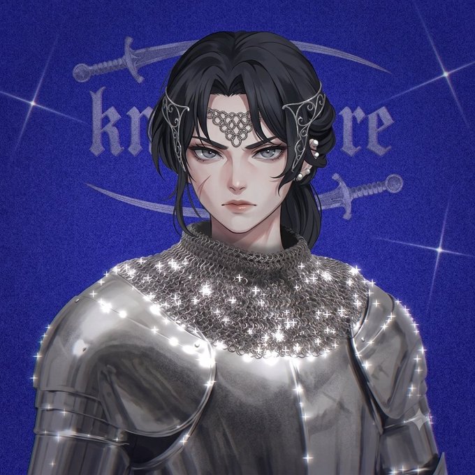 A digital illustration of a fierce, dark-haired warrior in gleaming silver armor and a chainmail coif, set against a starry purple background with crossed swords and the word "krece" behind her — fitting the post's "Gm everyone, time to do some MOTION" as a striking visual call to action.