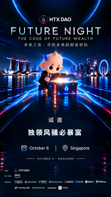 A promotional poster for HTX DAO 'Future Night' event, with text 'THE CODE OF FUTURE WEALTH' and '未来之夜·寻找未来的财富密码', featuring a mascot, the date 'October 6', and location 'Singapore', along with logos for co-hosts and partners like AWS, Gate.io, and OKX.