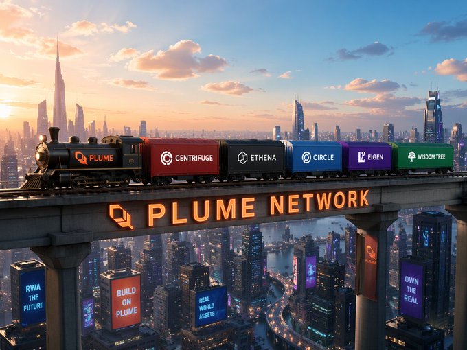 A stylized 3D illustration shows a Plume Network train traveling across an elevated bridge above a futuristic cityscape, with cargo cars prominently displaying logos and names of partner protocols: Plume, Centrifuge, Ethena, Circle, Eigen, and WisdomTree. The bridge itself is lit with the "PLUME NETWORK" name, while billboards below read "RWA THE FUTURE," "BUILD ON PLUME," "REAL WORLD ASSETS," and "OWN THE REAL" — visually reinforcing the post's message that Plume's infrastructure serves as the "rails" needed to carry best-suited products (RWA-focused services, with $BTC, $ETH, $SOL onboard).
