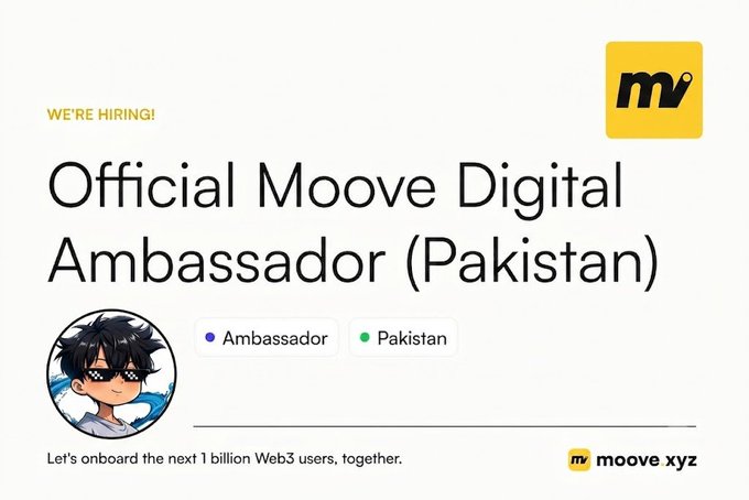 A hiring announcement for an 'Official Moove Digital Ambassador (Pakistan)' featuring a checkered-eye anime avatar and the slogan 'Let's onboard the next 1 billion Web3 users, together.'