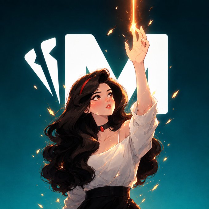 An anime-style illustration depicts a woman with long dark wavy hair and a red headband reaching up to touch a glowing golden light, set against a teal background with a large "W" logo.