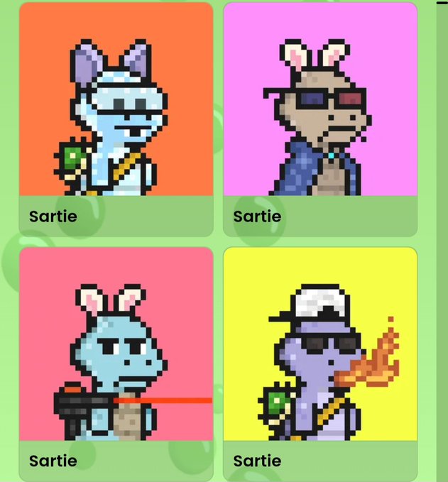 Four pixel art cartoon animal characters in a grid layout, each labeled 'Sortie', featuring mice/bears with various accessories like sunglasses, a baseball cap, and a bag.