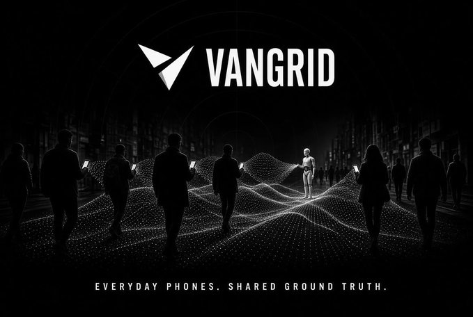 A black promotional banner for "VANGRID" featuring silhouetted figures holding phones around a glowing digital figure, with the tagline "EVERYDAY PHONES. SHARED GROUND TRUTH."