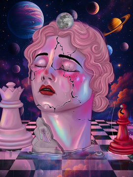 A vibrant digital artwork showing a cracked pink marble classical bust with glowing eyes, flanked by chess pieces against a cosmic background with planets.