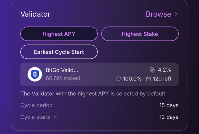 Here's a caption for the image:

This screenshot shows validator options where BitGo has 66.6M staked, a 4.2% APY, and 12 days left in the cycle, aligning with the post about $VET and VeChain.