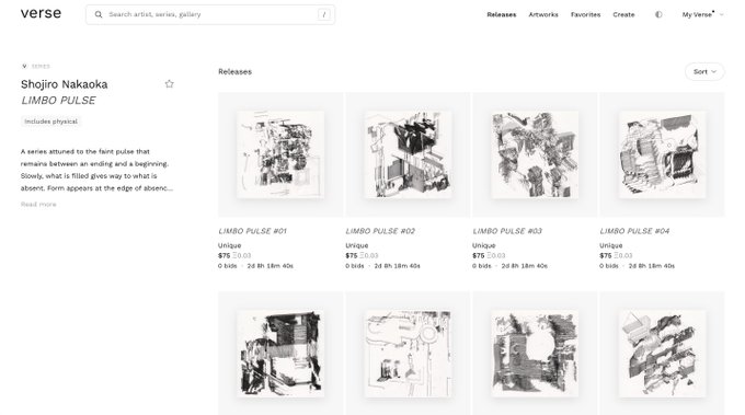 A webpage from 'verse' showing the 'LIMBO PULSE' collection by artist Shojiro Nakaoka, featuring black and white artwork releases priced at $75.