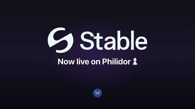 A promotional graphic featuring the "Stable" logo with its distinctive "S" icon, displaying the text "Now live on Philidor" alongside a chess piece emoji, set against a dark purple gradient background with a Morpho butterfly logo at the bottom. The image announces the integration of Philidor Labs' risk analytics onto the Stable network for tracking Morpho vaults like StableEarn.