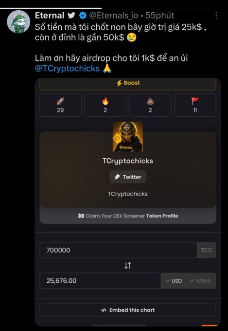 A tweet from @Eternals_io in Vietnamese asking for an airdrop from @TCryptochicks, accompanied by a DEX Screener chart for TCryptochicks token showing 25,676 USD value