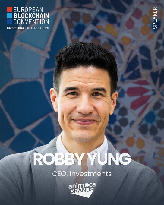 Promotional speaker graphic for the European Blockchain Convention in Barcelona (16-17 Sept 2026) featuring Robby Yung, CEO of Investments at Animoca Brands, smiling in a grey suit against a colorful mosaic background, tying into the post's announcement of his panel appearance discussing AI-driven finance.