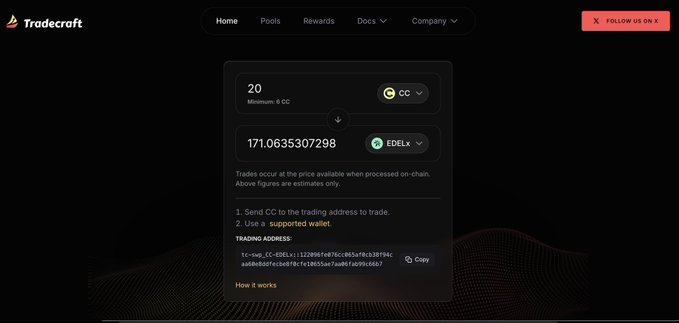 Tradecraft trading interface showing an exchange of 20 CC to 171.0635307298 EDELX, with a trading address beginning 'tc-rsp_EC-4593...'.