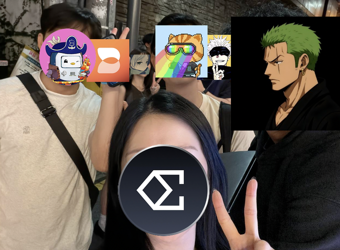 A person on a crowded train makes a peace sign, with their face covered by a circular logo, alongside various anime stickers and a large inset image of the anime character Roronoa Zoro from One Piece.