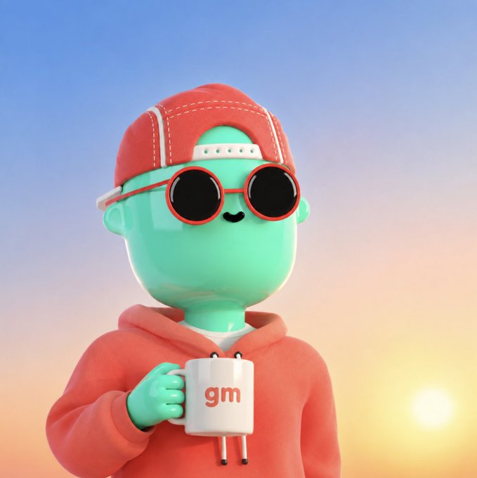 A 3D-rendered teal character wearing an orange cap, round sunglasses, and an orange hoodie holds a white mug labeled 'gm' against a sunset sky.