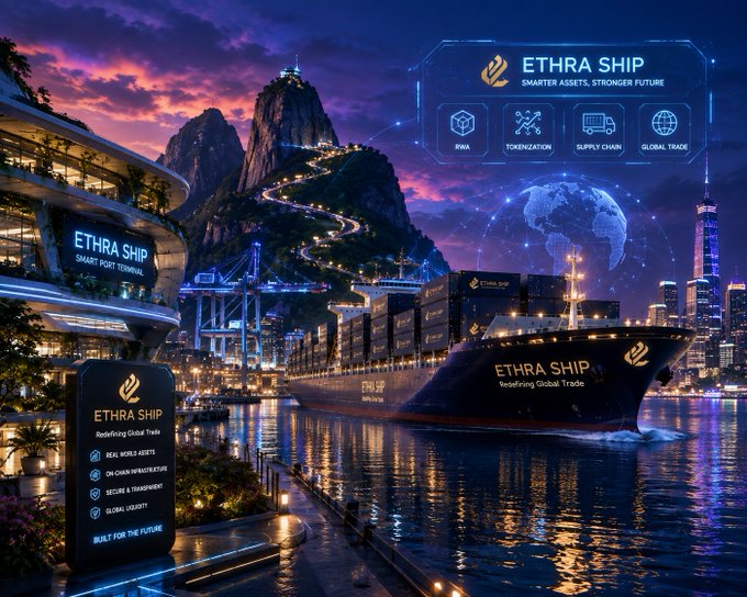 A digital promotional artwork for 'ETHRA SHIP' with the tagline 'Smarter Assets, Stronger Future,' depicting a large cargo ship labeled with the ETHRA SHIP name navigating through a futuristic harbor city at sunset.