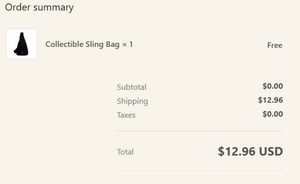 An order summary for a "Collectible Sling Bag" priced at $0.00 with a total of $12.96 USD after shipping costs, showing the post-purchase receipt confirming the Bored Ape Yacht Club (BAYC) collectible bag acquisition.