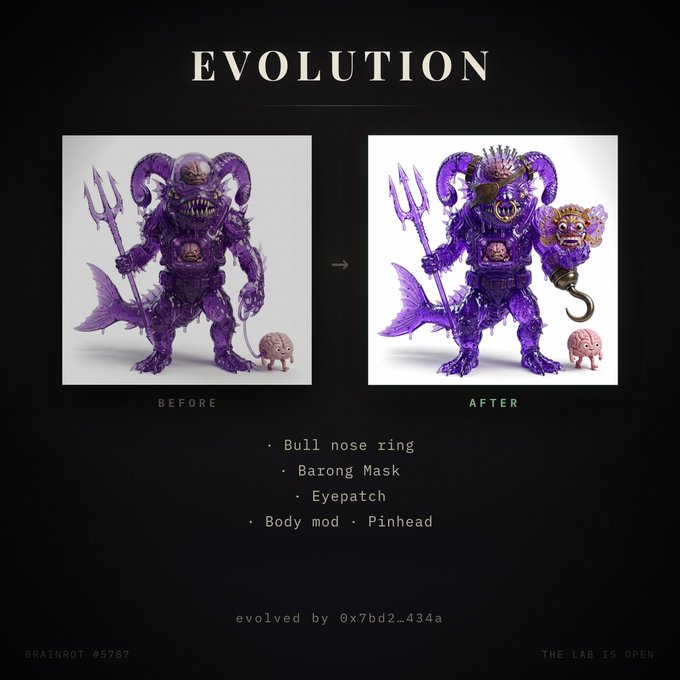 An 'EVOLUTION' graphic showing a purple demon creature NFT's before and after states, with additions listed including 'Bull nose ring,' 'Barong Mask,' 'Eyepatch,' and 'Body mod - Pinhead,' evolved by 0x7bd2_434a (BRAINROT #5787, THE LAB IS OPEN).