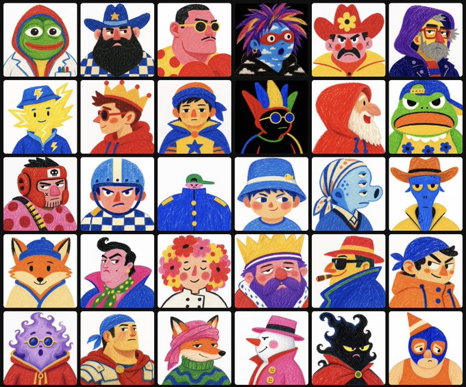 A grid of 30 colorful, cartoon-style character portraits featuring a diverse cast of figures including a frog in a lab coat, kings, cowboys, wrestlers, and animals, all with distinct hats and expressions.
