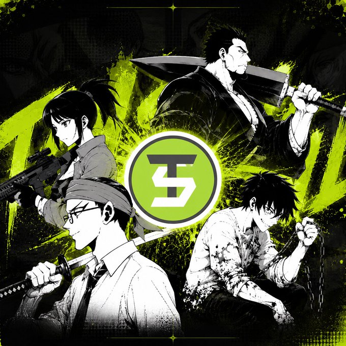 Stylized artwork featuring four anime-style characters around a green circular logo with a geometric symbol, set against a grungy green and black background.