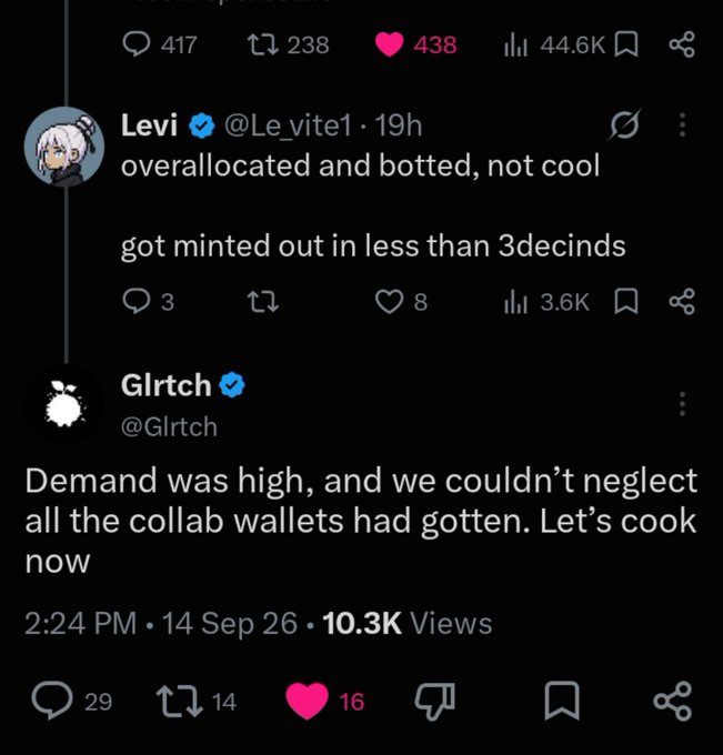 A screenshot of a Twitter/X thread showing user @Le_vite1 criticizing an NFT mint by @Glrtch as "overallocated and botted" after selling out in under 3 seconds, followed by Glrtch's reply blaming collab wallets for the high demand. The image illustrates the poster's frustration with the project—one of two NFT disappointments that prompted them to quit minting NFTs entirely.
