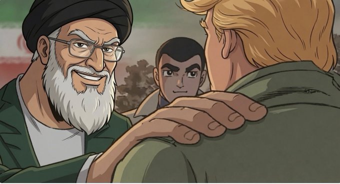 An animated cartoon depicting an older bearded man wearing a black turban and glasses placing his hand on the shoulder of a blonde person, with another man visible in the background.