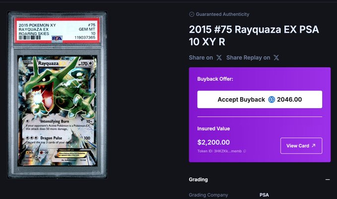 A screenshot showing a 2015 Pokémon XY Rayquaza EX PSA 10 trading card with an insured value of $2,200.00 and a buyback offer of $2,046.00.
