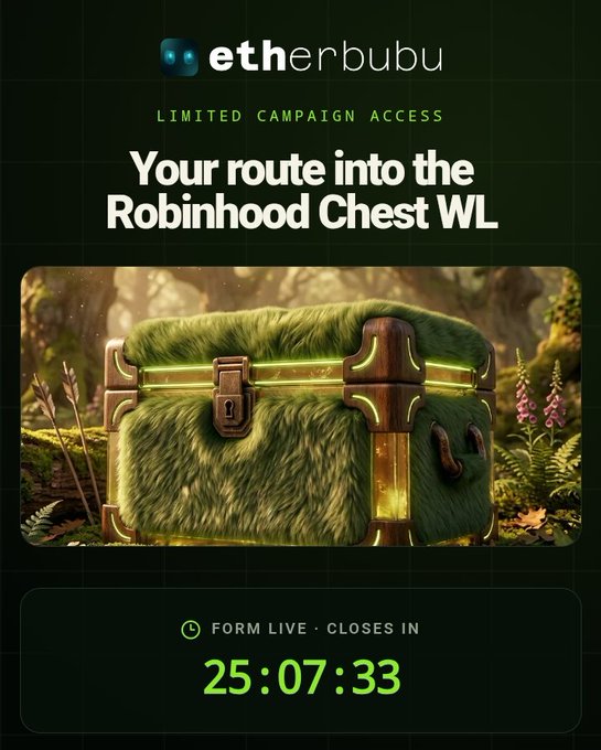 An 'etherbubu' promotional graphic with a furry green treasure chest, advertising 'Your route into the Robinhood Chest WL' with a countdown timer showing 25:07:33.