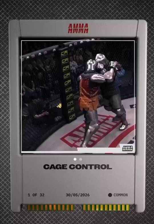 The image features a poster of two boxers fighting, with one boxer wearing an orange shirt and the other wearing a black shirt. The poster also includes text that reads "Cage Control" and "One of the best NFT I have seen. Check out my Head Strike relic from Armored MMA. Earn digital artefacts of @Medieval_Tech combat history On @Starknet".