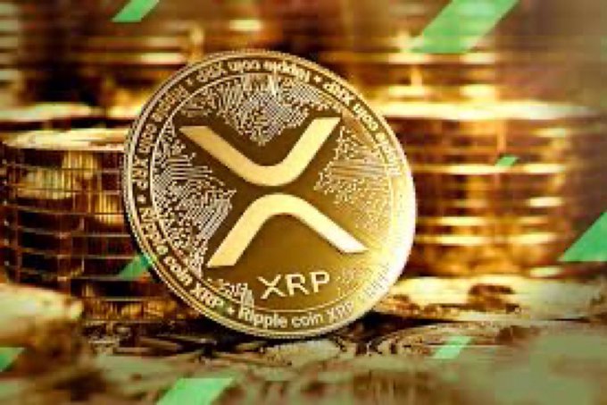 A gleaming gold XRP/Ripple coin rests atop stacks of gold coins with green upward arrows in the background, visually emphasizing speculative bullish price predictions for $XRP ranging from $100 to $10,000. The coin prominently displays the "X" XRP logo and "Ripple coin XRP" text.