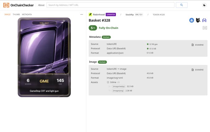 OnChainChecker website displaying an ERC-721 Token #328 "Basket" NFT by Robinhood (UNRATED), showing a GameStop CRT and light gun image with 5/5 Fully On-Chain verification.