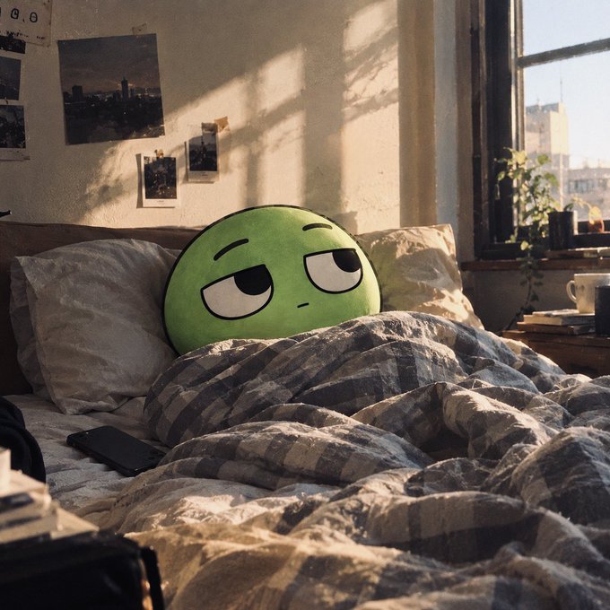 A green cartoon emoji-style character with tired half-closed eyes nestled in a bed with rumpled striped sheets, in a sunlit room with a window, plants, and a smartphone on the bed.