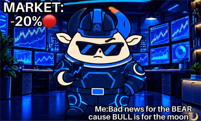A crypto meme showing a bull character in armor with the text 'MARKET: -20%' and 'Me: Bad news for the BEAR cause BULL is for the moon'.