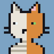 A pixel art illustration of a cat split into two halves: the left side is white and the right side is orange.