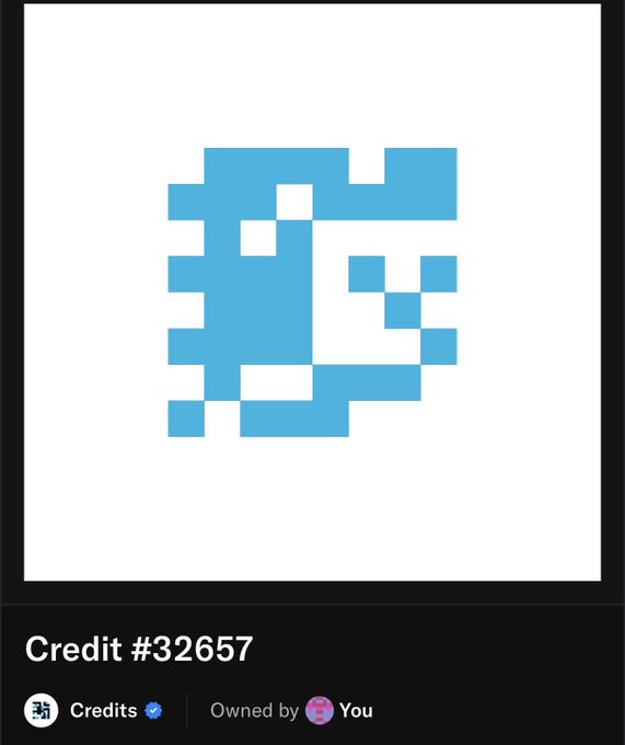 A digital collectible showing a blue pixelated letter 'E' design labeled "Credit #32657" and "Owned by You" with a verification checkmark.