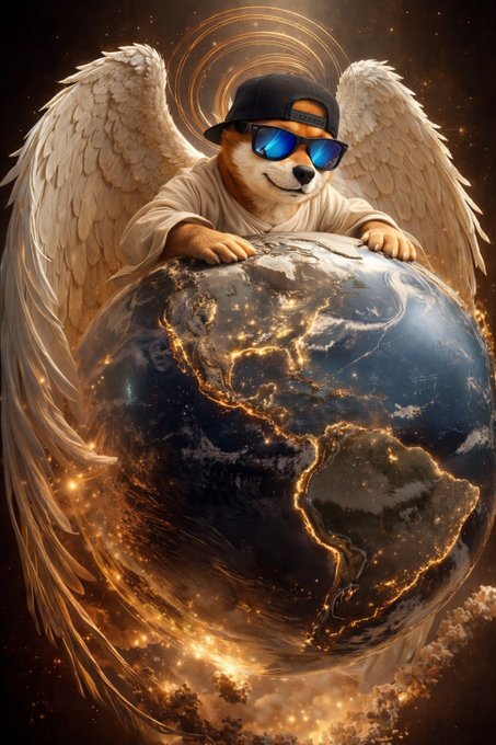 A digital artwork showing a Shiba Inu dog wearing sunglasses and a backward cap with large white angel wings, resting on a glowing Earth globe.