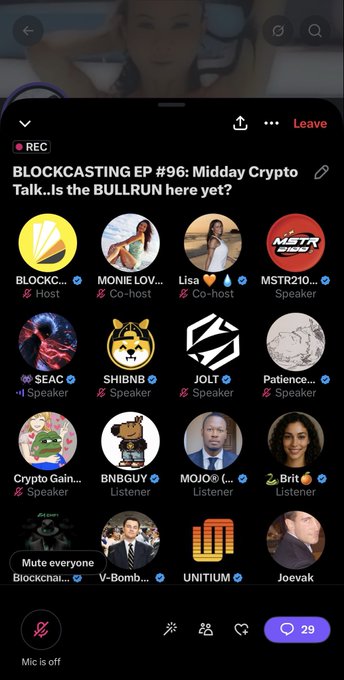 A screenshot of a Twitter/X Spaces recording titled 'BLOCKCASTING EP #96: Midday Crypto Talk..Is the BULLRUN here yet?' featuring various speaker avatars including BLOCKC, MONIE LOV, Lisa, MSTR210, SEAC, SHIBNB, JOLT, and others.