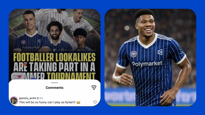 The image features a blue square divided into two parts, with one side showing a soccer player wearing a blue striped jersey and the other displaying a soccer field. The soccer player's face can be seen smiling as he poses for the photo. Below this image, there is a caption that reads "Footballer Lookalikes are taking part in a @Moser tournament". This suggests that the image might be related to a social media post or advertisement promoting a soccer event.