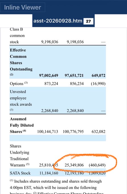 Inline viewer document showing Class B common stock figures with an orange circle highlighting Traditional Warrants data of 25,349,806 shares underlying.
