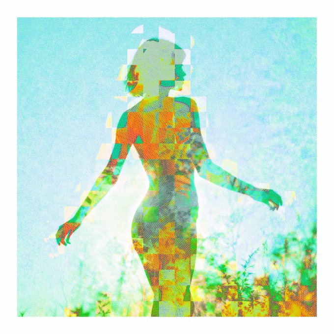 Image 3: A glitchy, artistic double-exposure image showing a silhouette of a female figure walking in a field, overlaid with vibrant orange, green, and teal pixelated patterns against a blue sky.