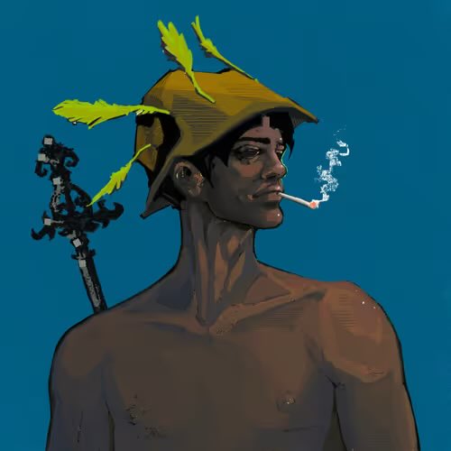 Digital illustration of a shirtless young man smoking a cigarette against a solid teal background, wearing a yellow bucket hat with floating feathers and carrying an ornate sword on his back.