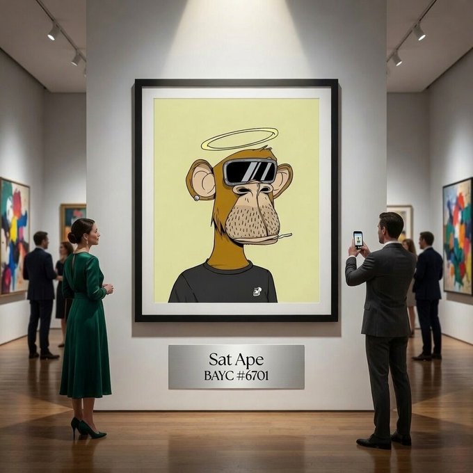 The image shows a group of people standing around an art piece, which appears to be a cartoon monkey wearing sunglasses and a halo. The people are looking at the artwork with interest, including one person taking a picture of the monkey painting on their phone. A woman is also seen holding her cell phone in front of the painting. In the background, there's another painting that seems to be part of an exhibition or art gallery setting.