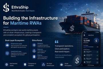 A dark blue promotional graphic for EthraShip, describing it as real-world maritime assets with on-chain infrastructure, featuring a cargo ship image and an EthraPortal app interface showing 12,540 ETHR.
