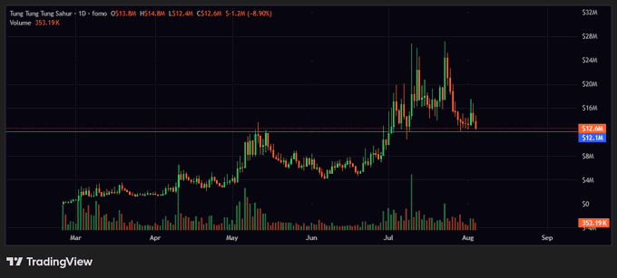A TradingView candlestick chart of Tong Tung Tung Sahur (TUNGTUNG / $TripleT) on a daily timeframe shows a sharp rally peaking near $28M in late July before pulling back to the $12.6M support level highlighted by a blue horizontal line, with volumes of $53.19M down 6.90%—visually reinforcing the post's call for "generational entries" near this key support zone after the recent correction.