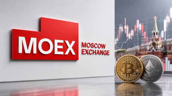 A composite image showing the red "MOEX Moscow Exchange" logo on the left, and physical Bitcoin and Ethereum coins placed in front of a stock market chart and the Kremlin building on the right.
