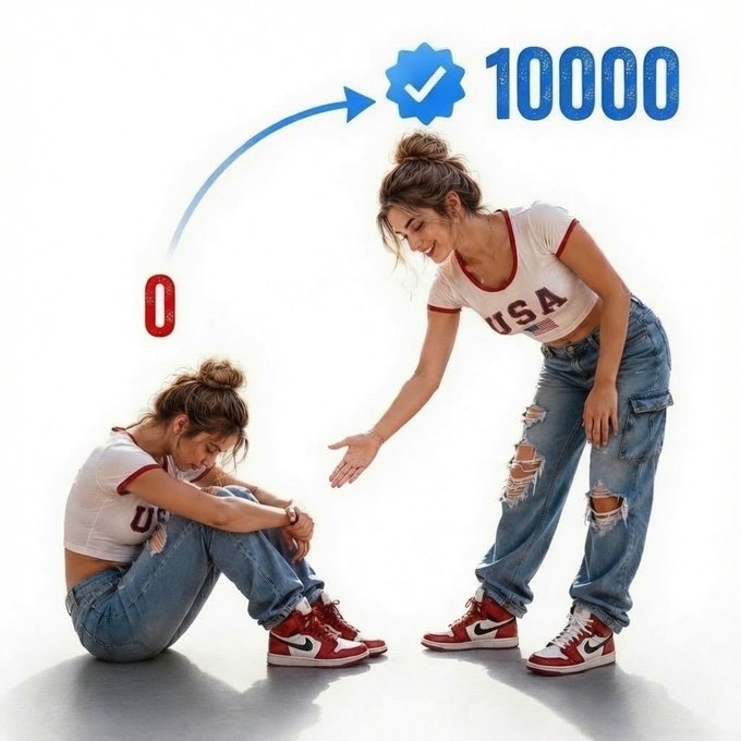 An inspirational image showing a woman going from sad (0) to happy (10000) wearing a USA t-shirt, ripped jeans, and red and white sneakers.
