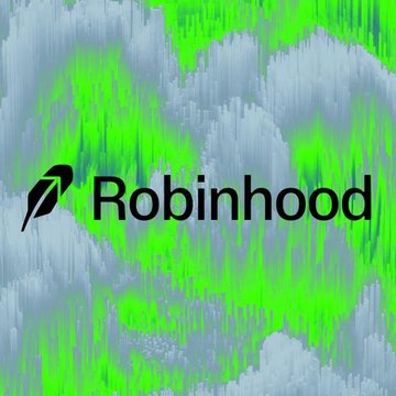 The Robinhood logo appears centered over a glitchy green and gray background, visually tying into the news about the trading platform potentially expanding its prediction-market offerings by adding Crypto.com's event contracts.